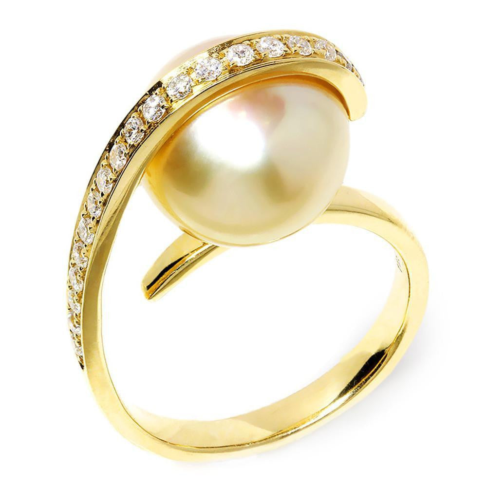 White Gold Bypass Style Two Pearl Ring with White Freshwater Pearls and  Accent Diamonds